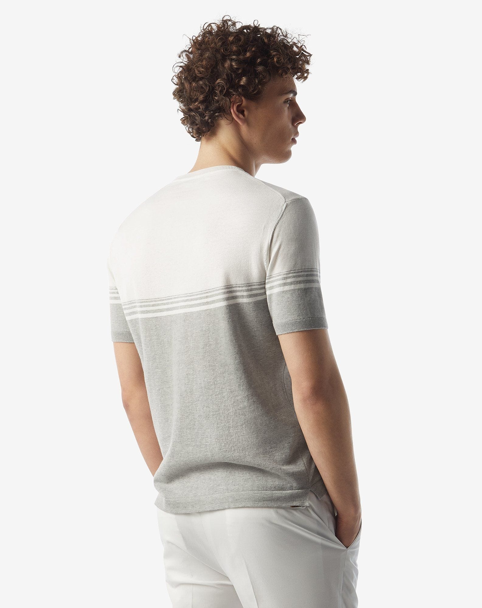 White/grey cotton and silk knit crew neck knitwear - 3