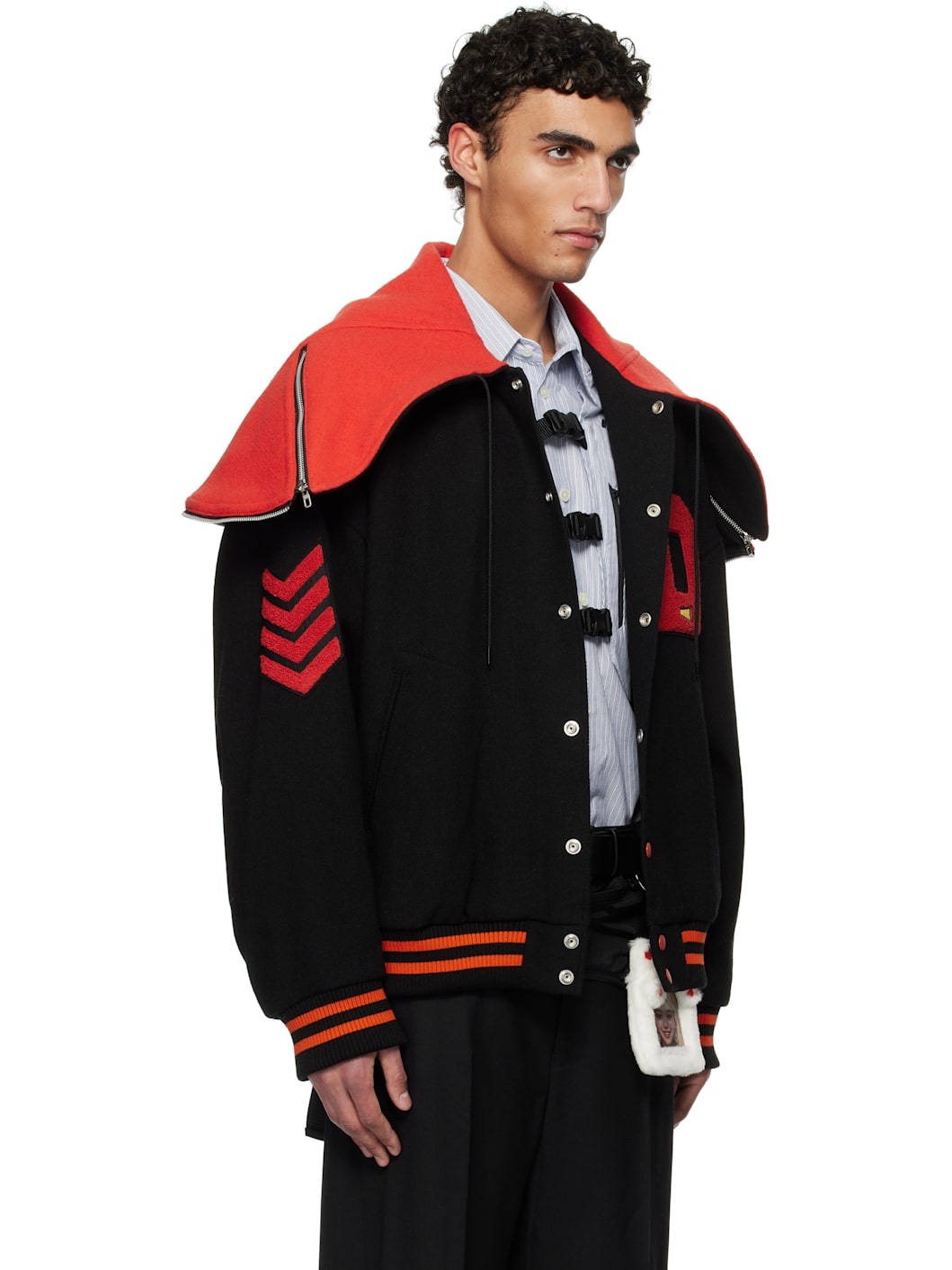 Black & Red Petal Mouth Hood Varsity Bomber Jacket - 2
