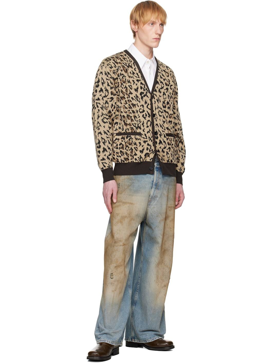 Beige Leopard Jacquard Knit Cardigan - 4