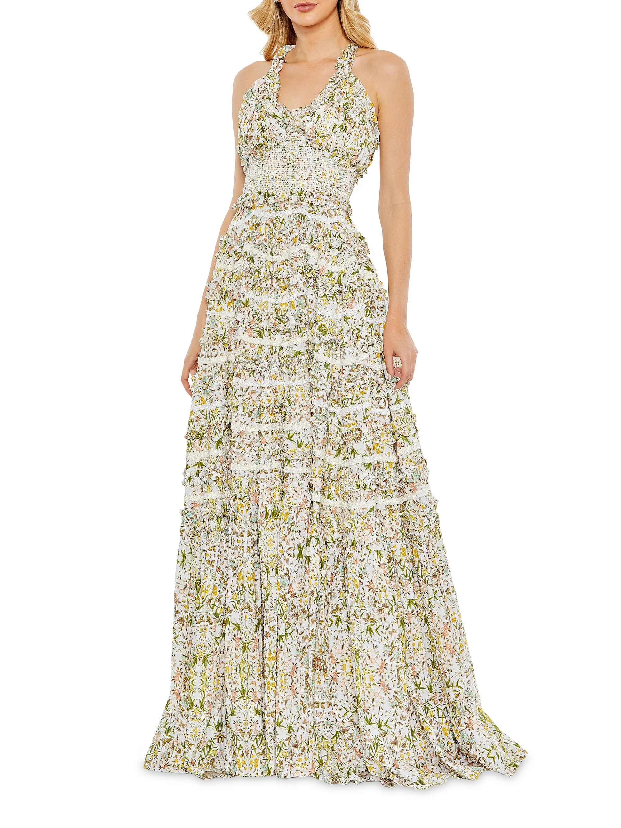 Women's Floral Ruffle Tiered Smocked Maxi Dress - Ivory Multi - 1