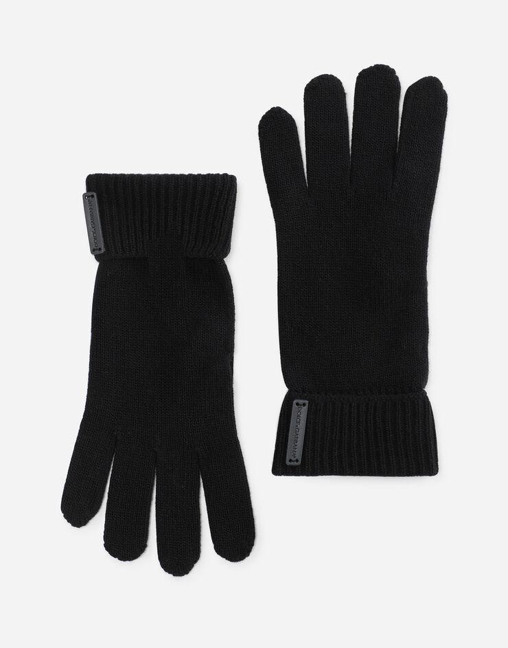 Knit wool gloves with leather logo - 1