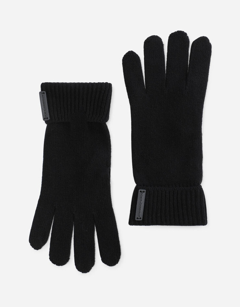 Knit wool gloves with leather logo 1