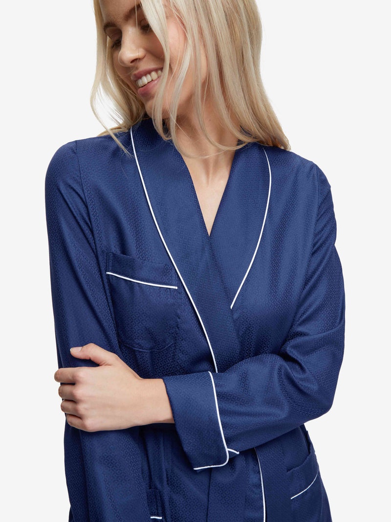 Women's Long Dressing Gown Lombard 6 Cotton Jacquard Navy - 6