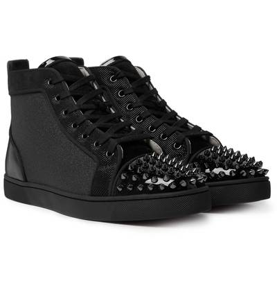 Christian Louboutin Lou Spikes Orlato Velvet, Glittered Canvas, Suede and Leather High-Top Sneakers outlook