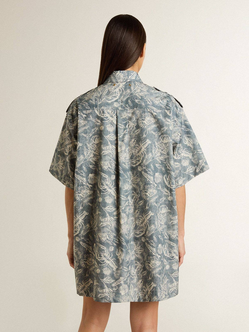 Women's short shirt dress in light blue cotton poplin with all-over marine print 4