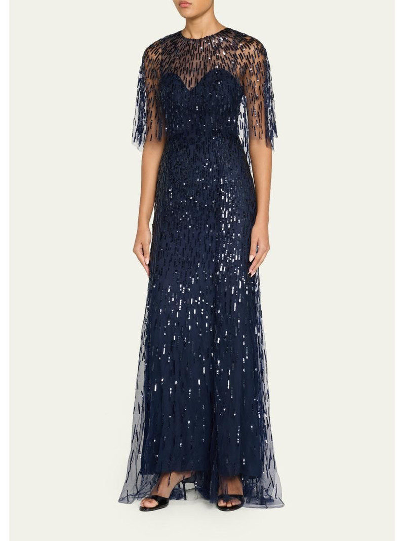 Sequined Tulle Capelet Trumpet Gown 4