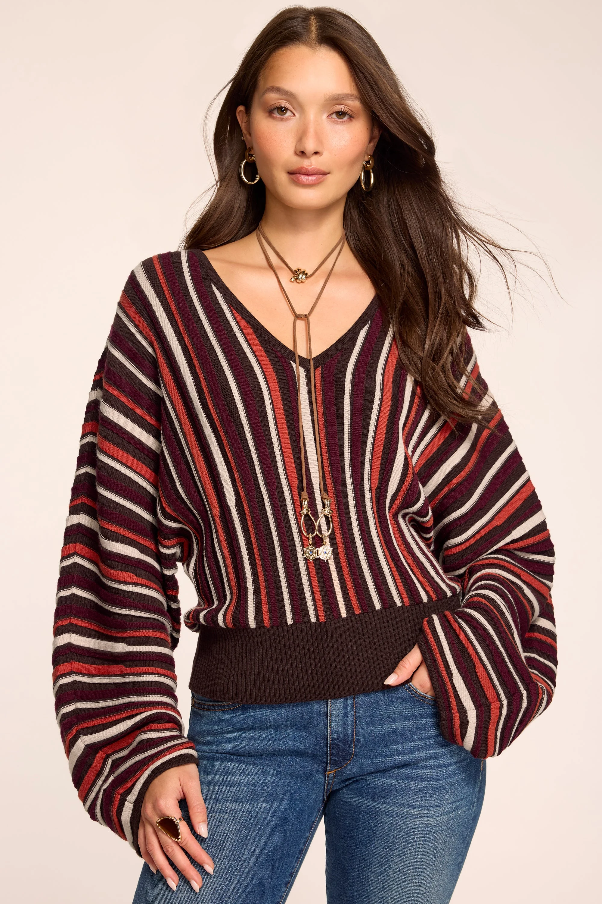 Jane Striped Knit V-Neck Sweater in Luxurious Ribbed Knit - 1