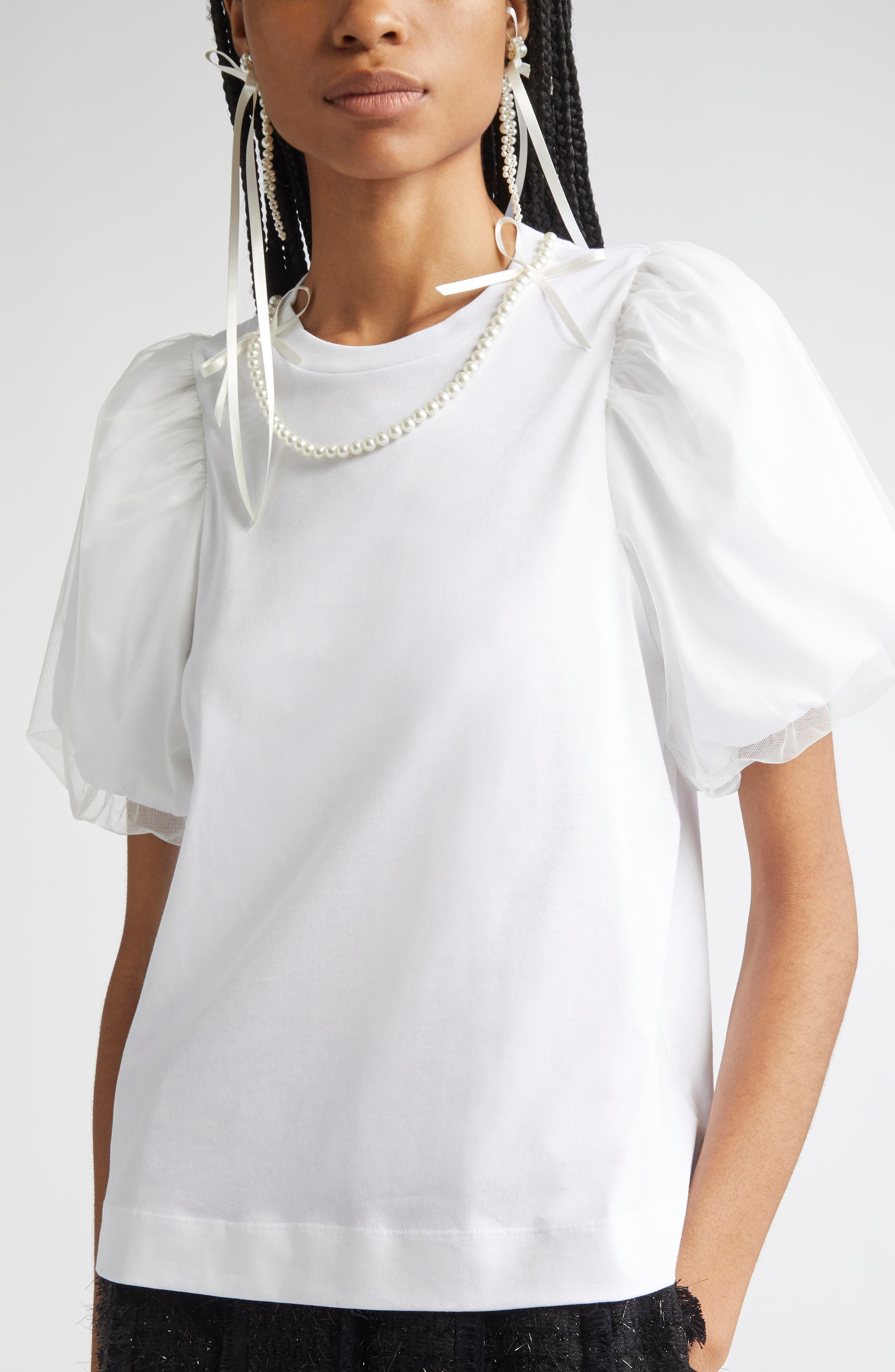 Simone Rocha Tulle Overlay Puff Sleeve T-Shirt with Faux Pearl Trim in White/Pearl at Nordstrom - 5