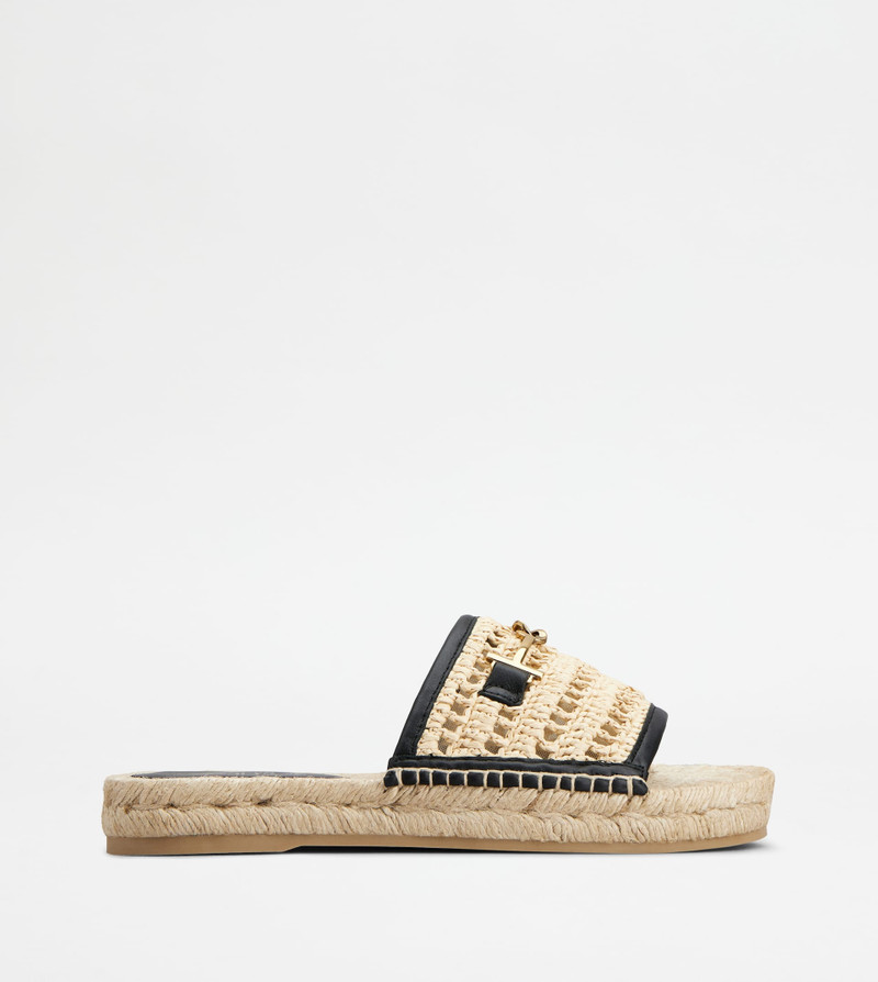 SANDALS IN LEATHER AND FABRIC - BLACK, BEIGE 1