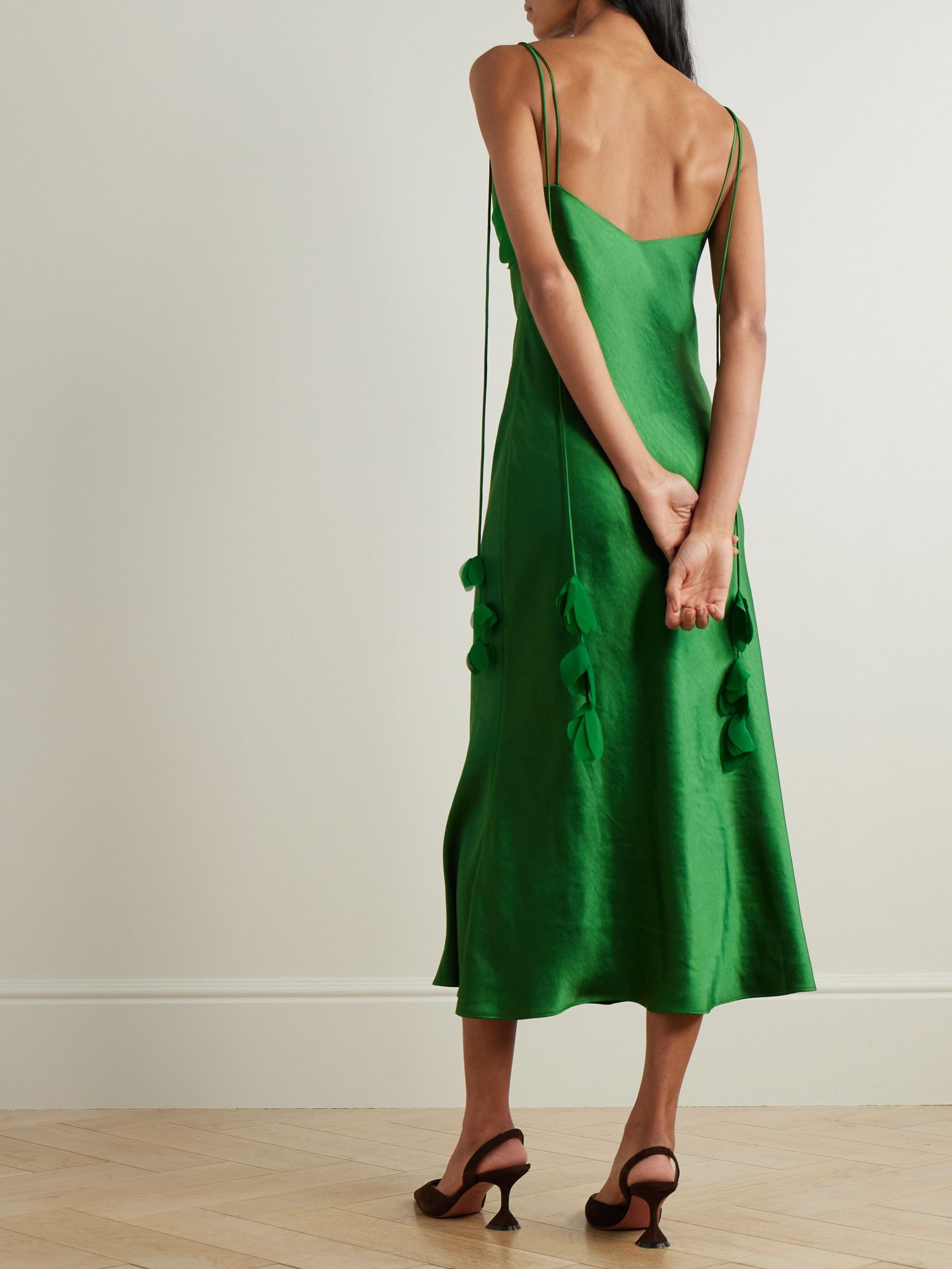 Appliquéd georgette-trimmed draped satin midi dress Green - 3