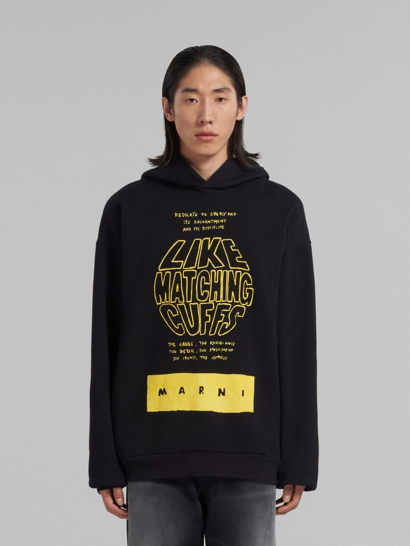 BLACK BIO COTTON HOODIE WITH MAXI SLOGAN PRINT - 2