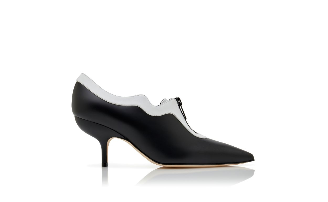 Black and White Calf Leather Zip Detail Pumps - 1