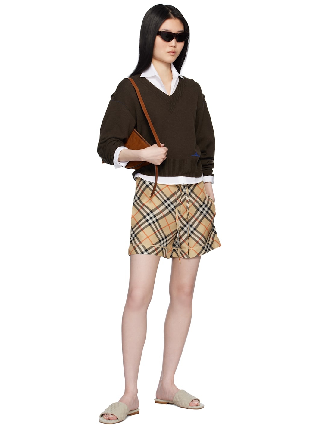 Brown Vintage Check Silk Shorts - 4