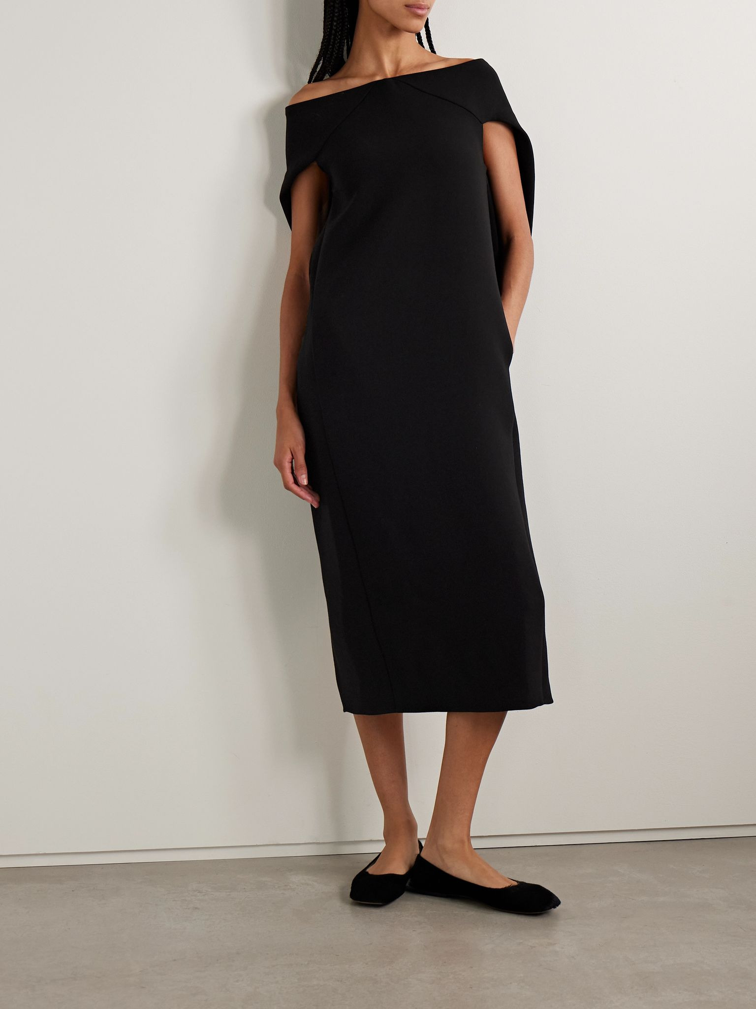 Anitas off-the-shoulder cape-effect wool-blend midi dress Black - 2
