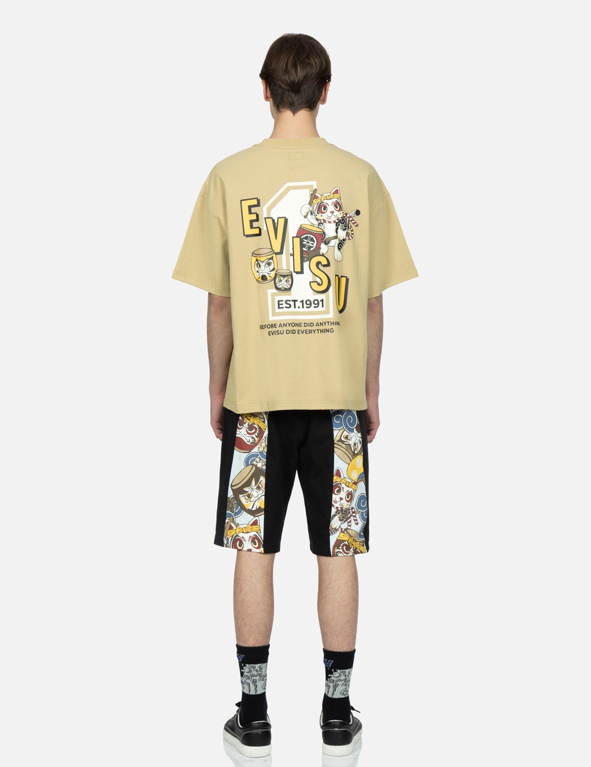LUCKY CAT AND TAIKO DARUMA-PATTERN DAICOCK PRINT SWEAT SHORTS - 5