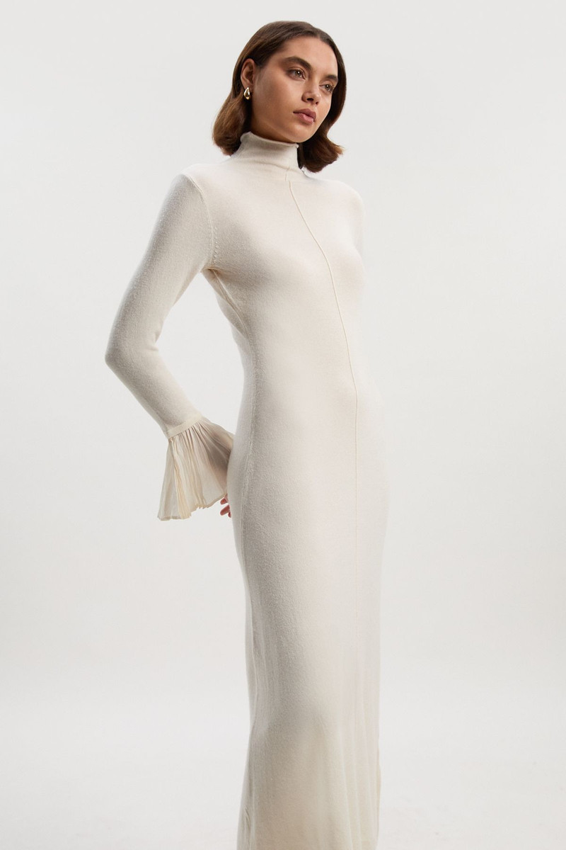 KAREN MILLEN Petite Wool And Alpaca Blend Knit Pleated Silk Woven Cuffs Midi Dress outlook