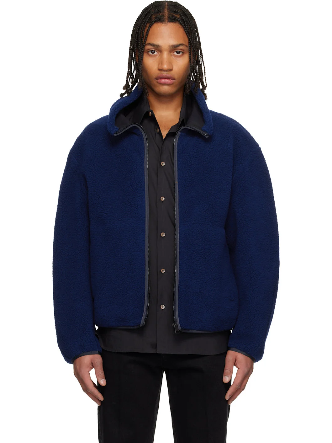 Blue Wool Fleece Bomber Jacket - 1