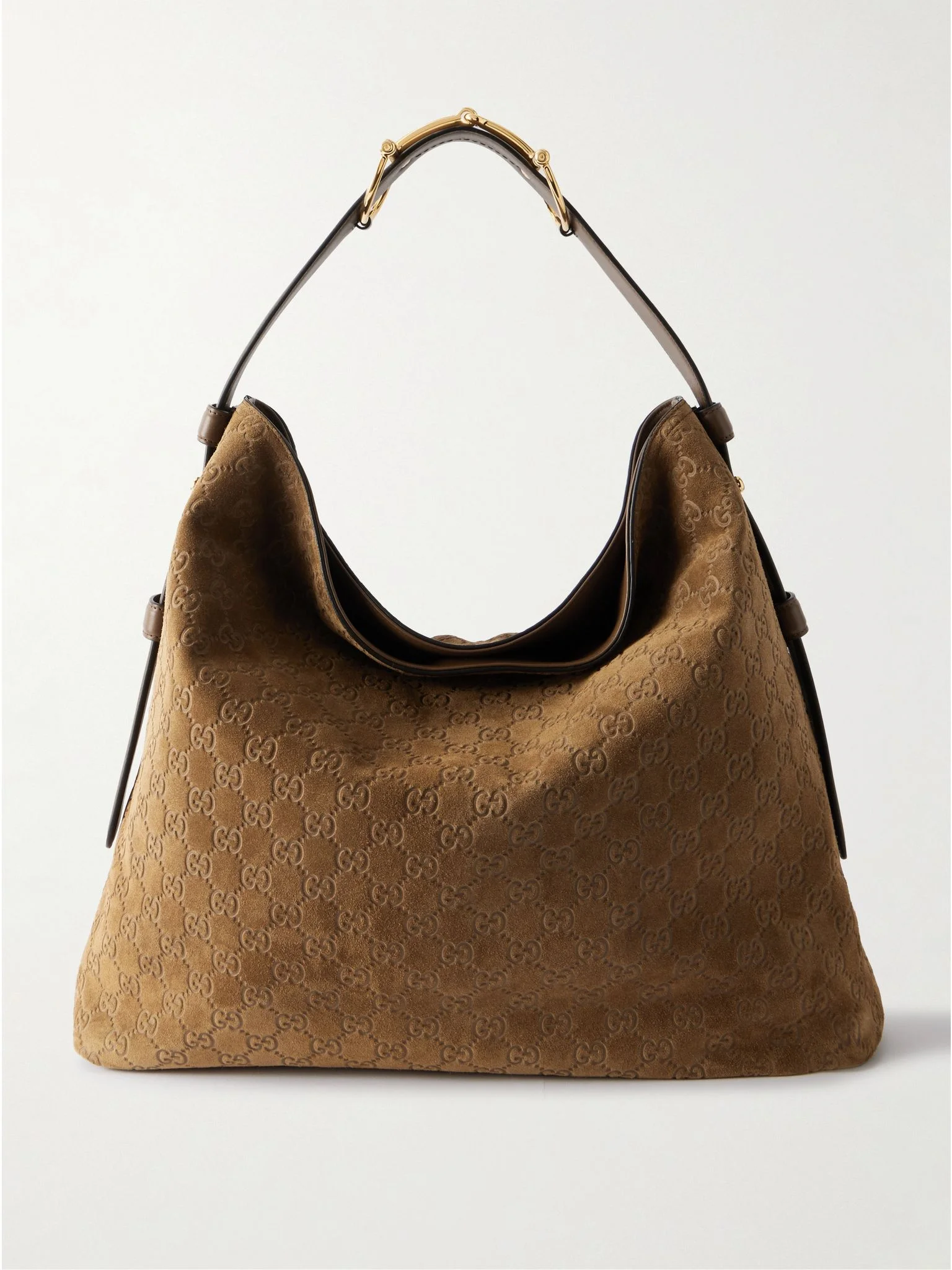 Beautrix maxi horsebit-detailed leather-trimmed debossed suede tote Brown - 1