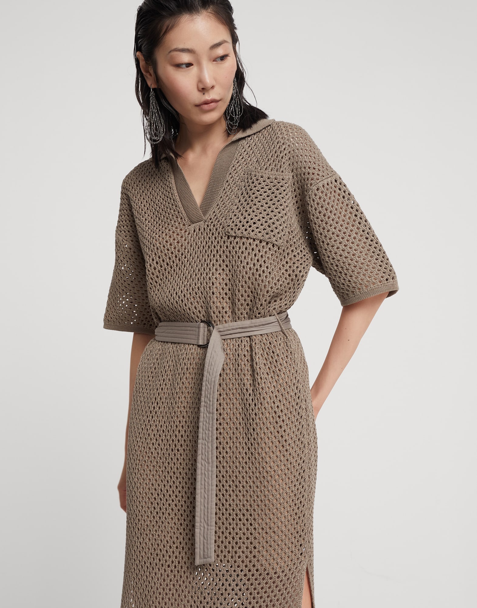 Cotton net knit dress with belt - 4
