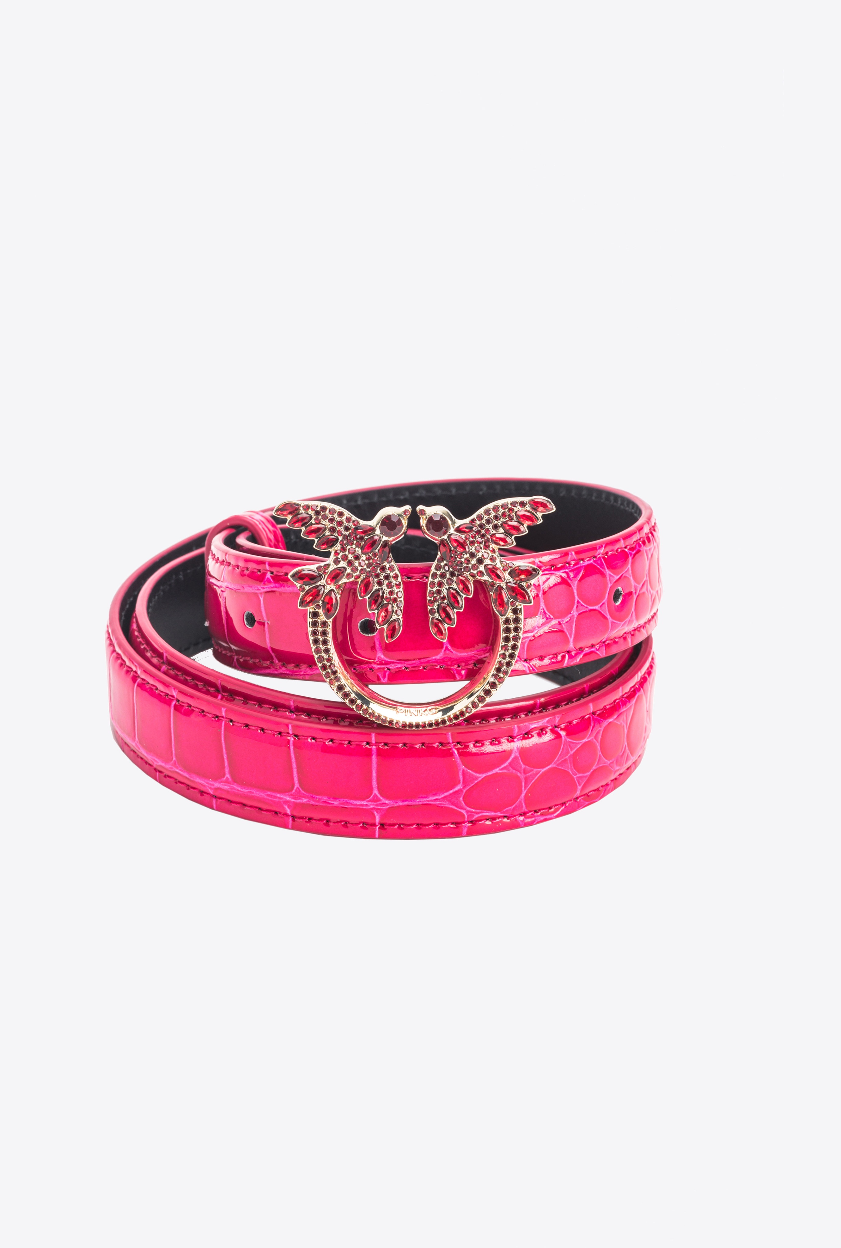 PINKO GALLERIA THIN 2CM SHINY COLOURED CROC-PRINT BELT WITH LOVE BIRDS BUCKLE - 4