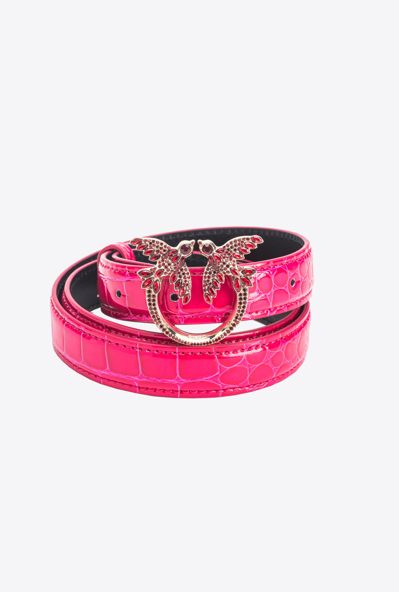 PINKO GALLERIA THIN 2CM SHINY COLOURED CROC-PRINT BELT WITH LOVE BIRDS BUCKLE 4