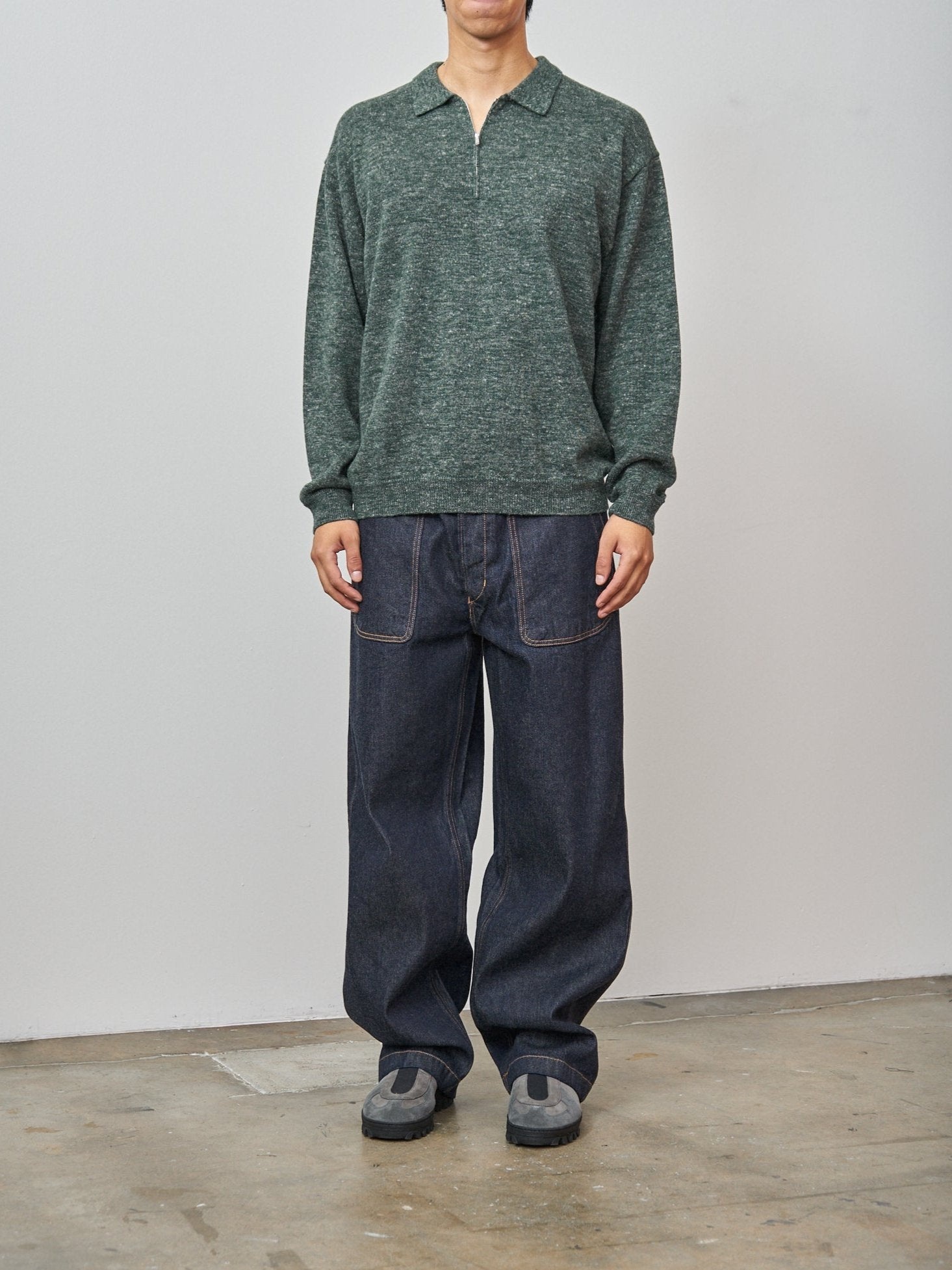 Baby Alpaca Linen Zip Up Polo Sweater - Green - 3