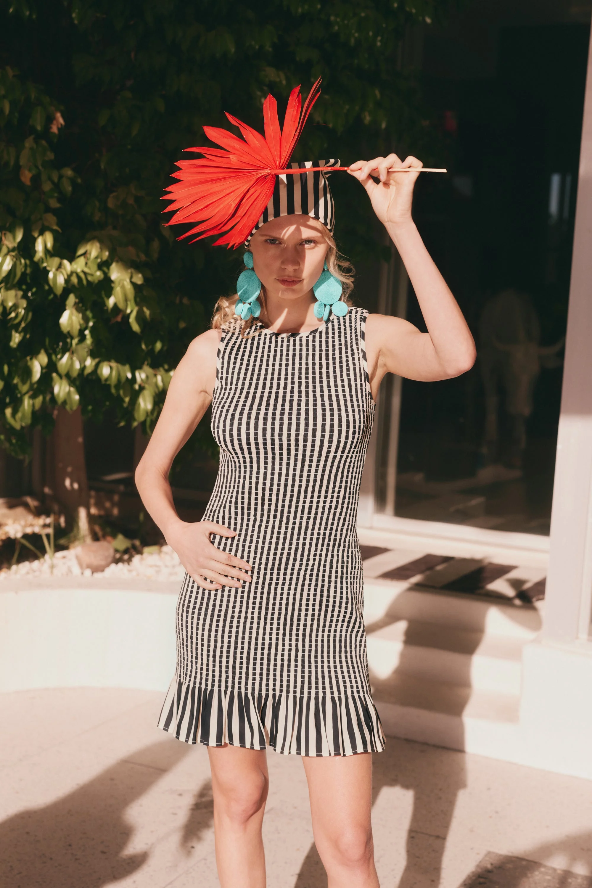 Belle Smocked Mini Dress in Black/White Stripe - 1