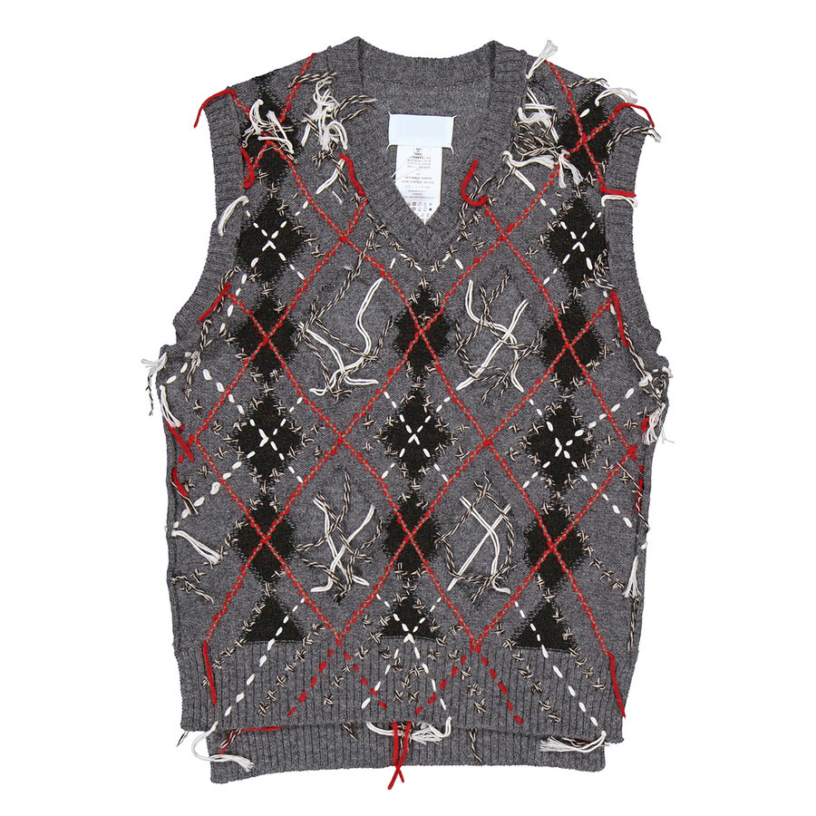 Maison Margiela Men's Grey / Dark Green / Walnut Cut-Out Intarsia-Knit Vest - 1