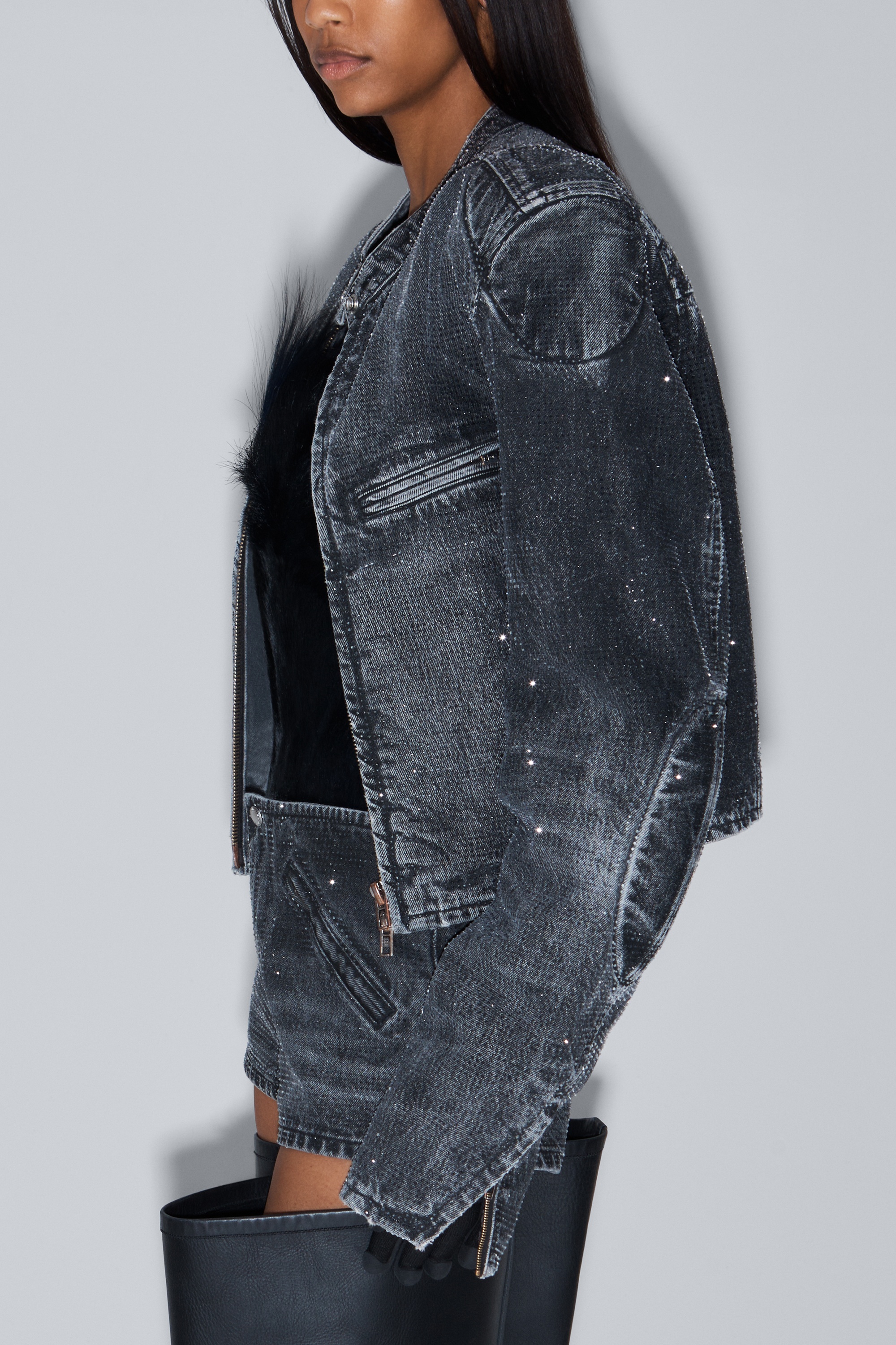clear crystal hotfix moto jacket in crackle grey wash denim - 4