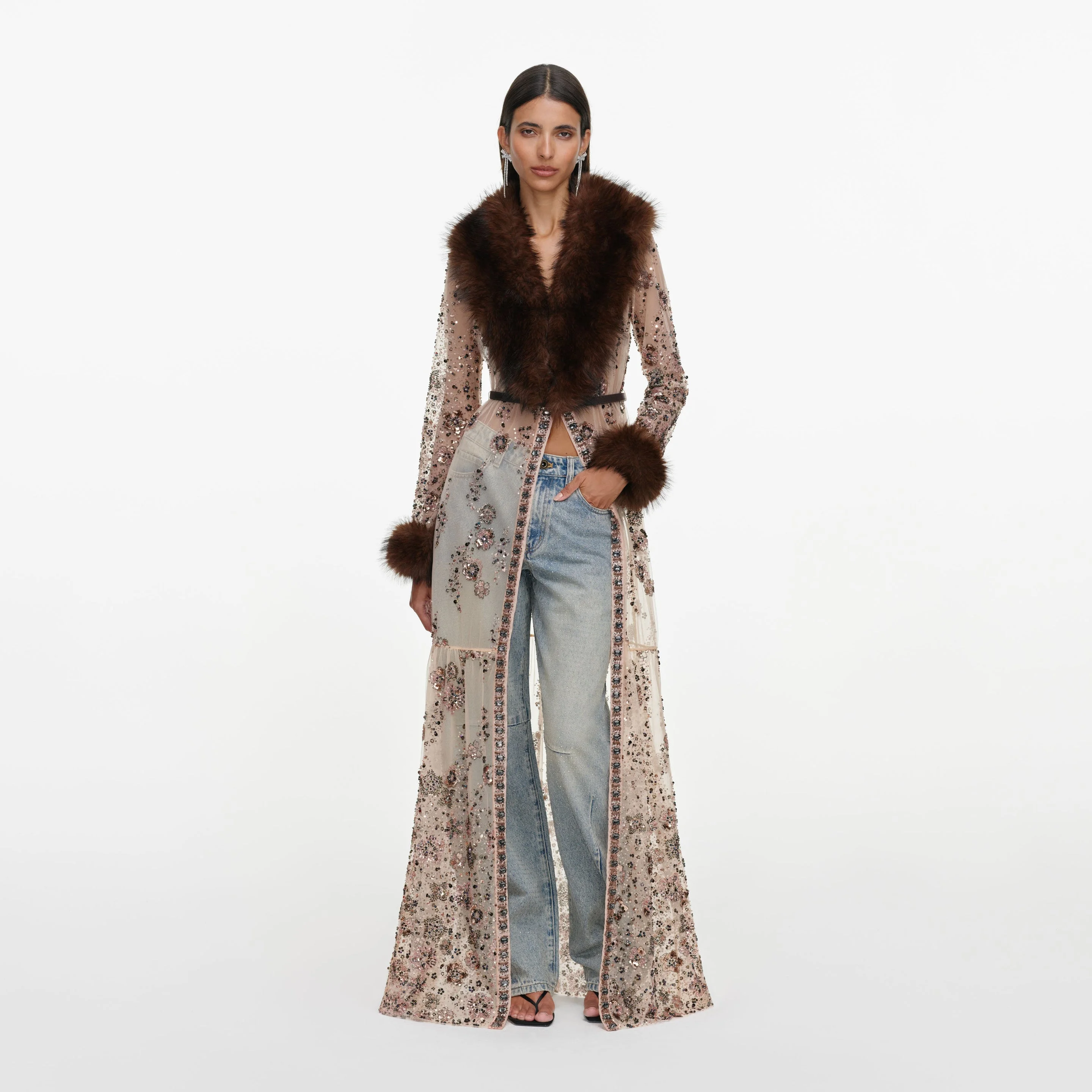 Beige Sequin Embellished Fur Maxi Dress - 1