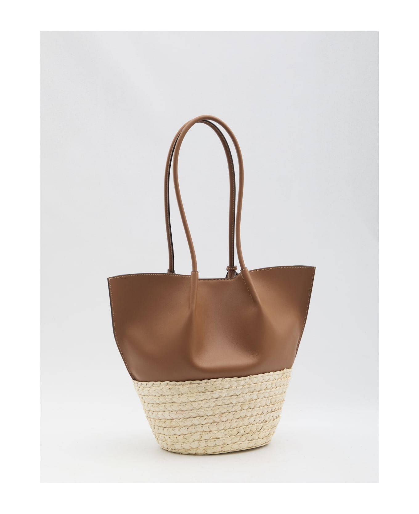 Medium Shopping Bag In Brown Leather And Raffia - 2