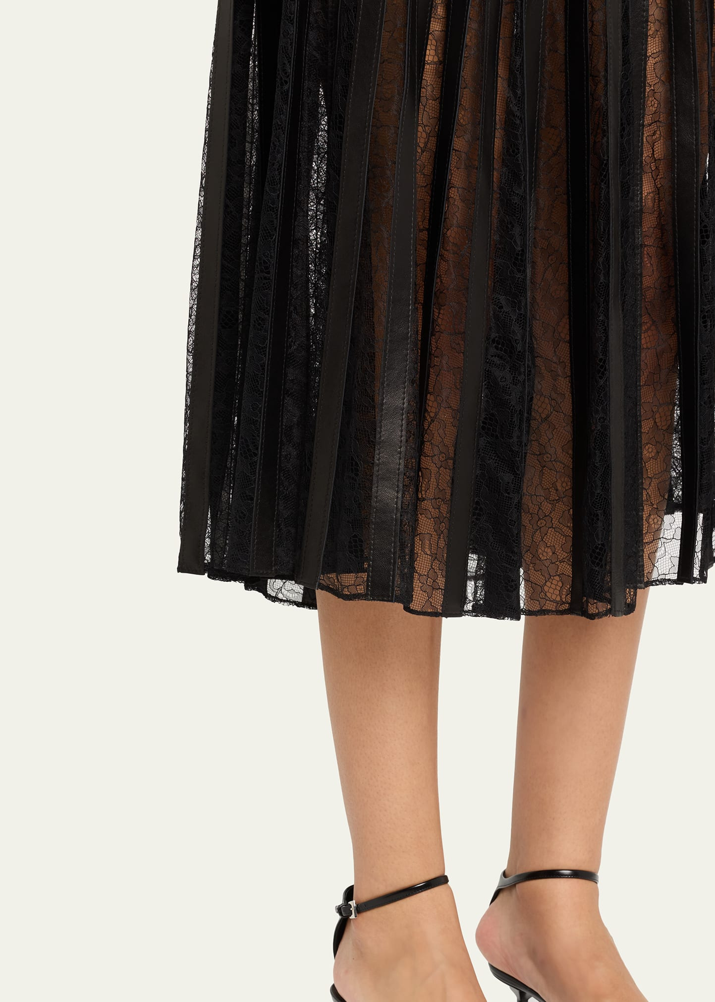 Alix Lace-Inset Pleated Leather Midi Skirt - 5