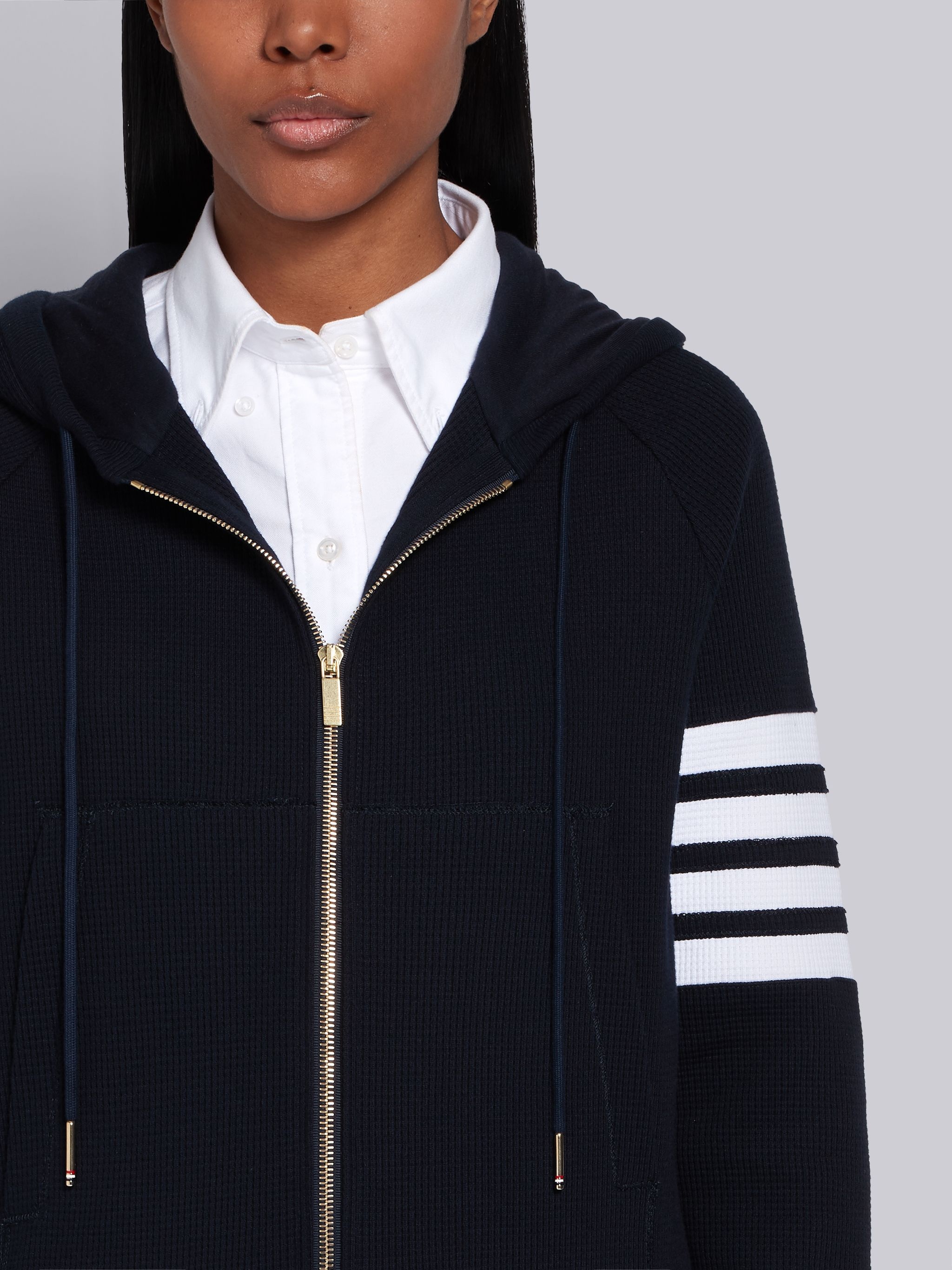 Navy Waffle Zip-Up 4-Bar Hoodie - 5