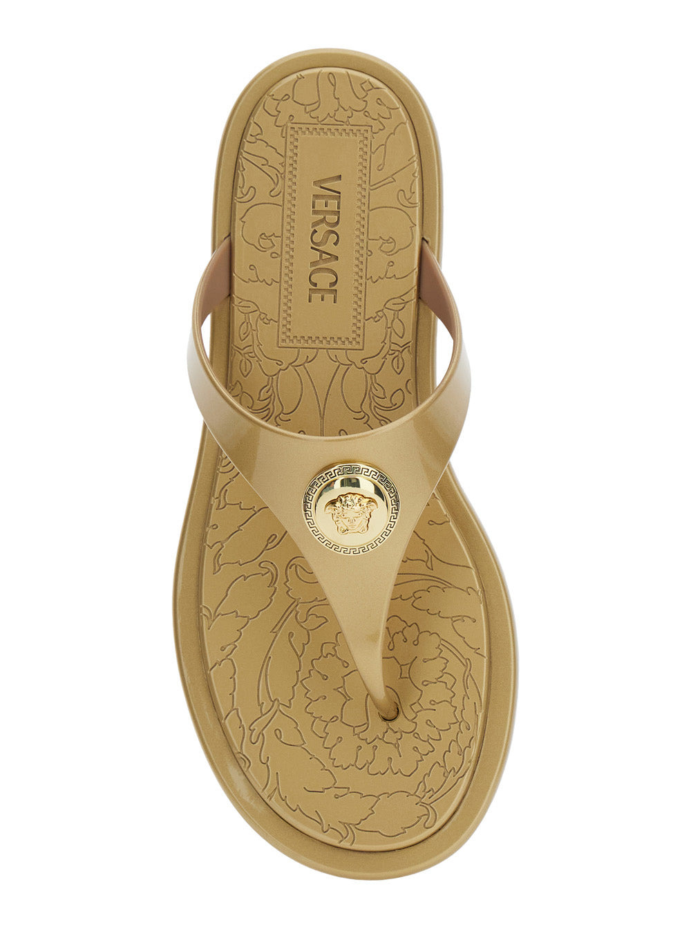 Versace Women Beige Thong Slided With Medusa Plaque On The Front And Laminated Design In Tech Fabric - 4