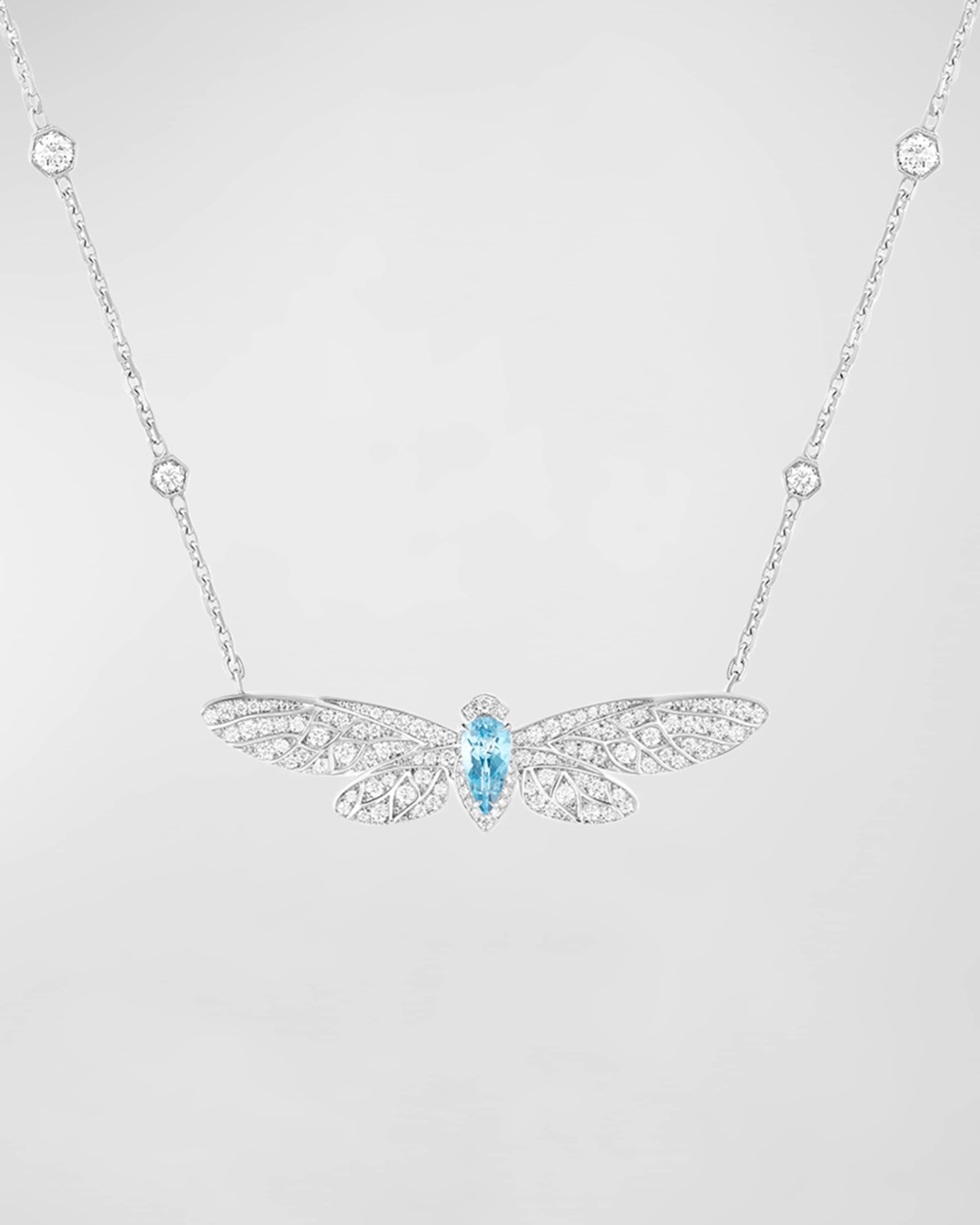 18k White Gold Cicada Diamond & Aquamarine Pendant Necklace - 1