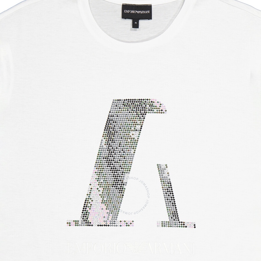 Emporio Armani Sequinned Logo Cotton T-Shirt In White - 7