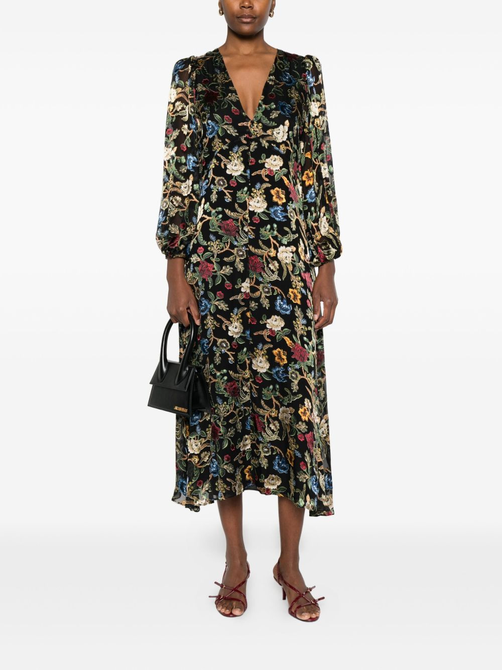 floral-print puff-sleeves asymmetric day dress - 2
