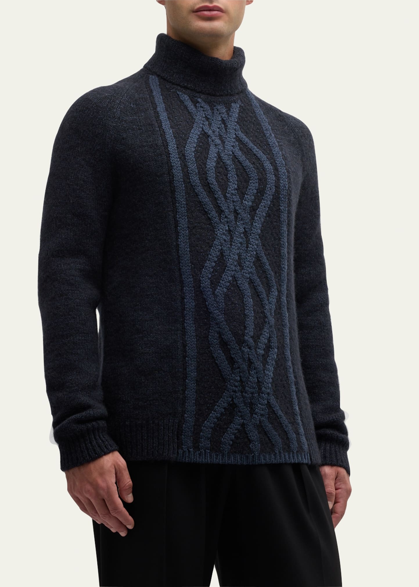 Men's Two-Tone Cable Turtleneck Sweater - 4