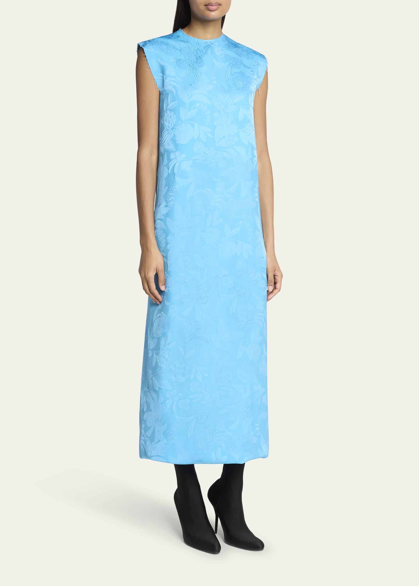 Floral Satin Jacquard Sleeveless Ankle Dress - 4