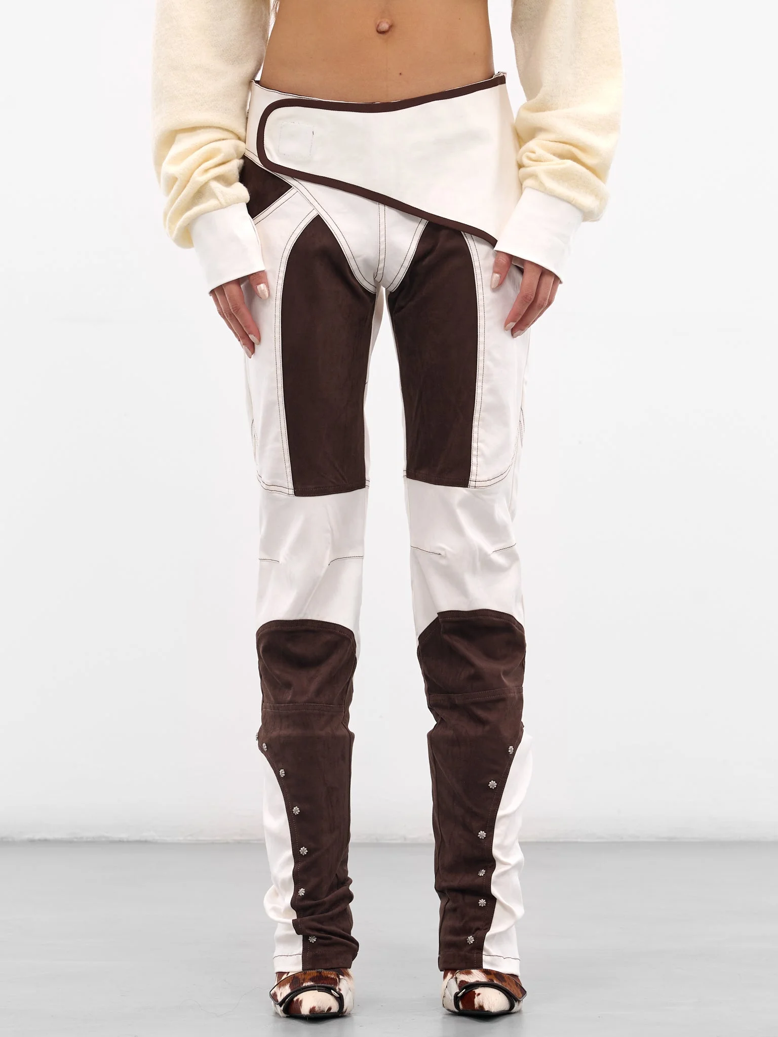 White & Brown Deconstructed Panel Pants - 1