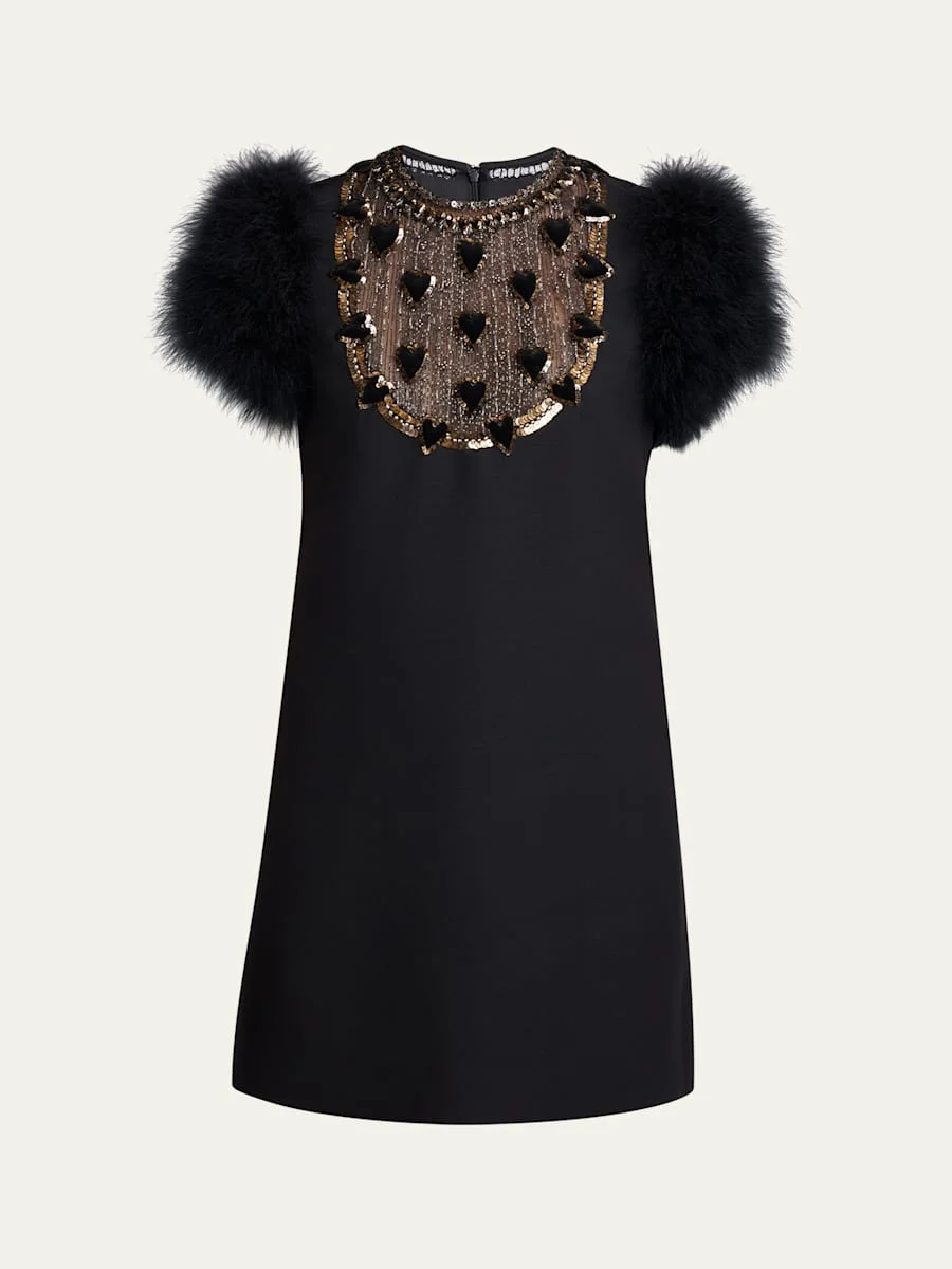 Embroidered Bib Feather-Sleeve Mini Dress - 1