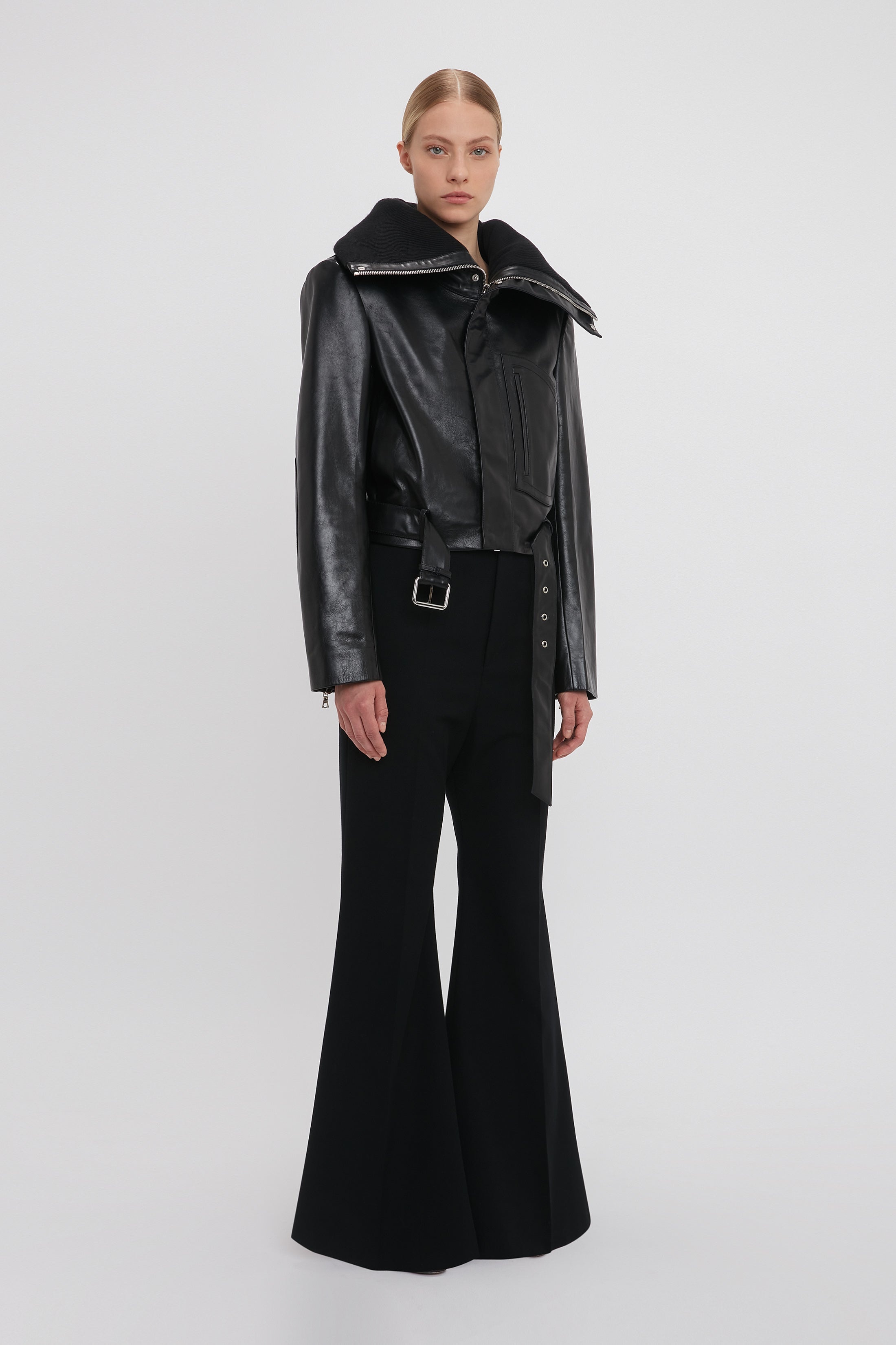 Cropped Belted Leather Biker Jacket In Black - 3