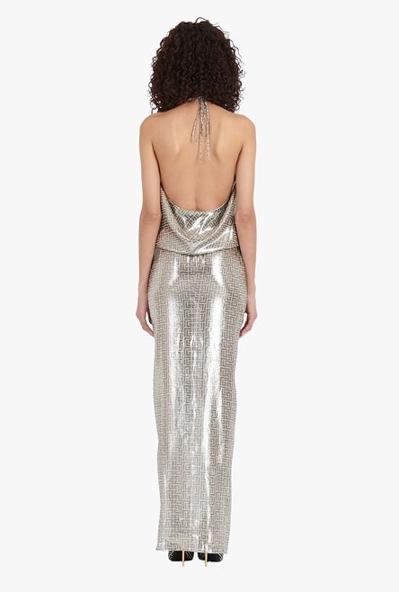 Long silver silk dress with Balmain monogram - 3