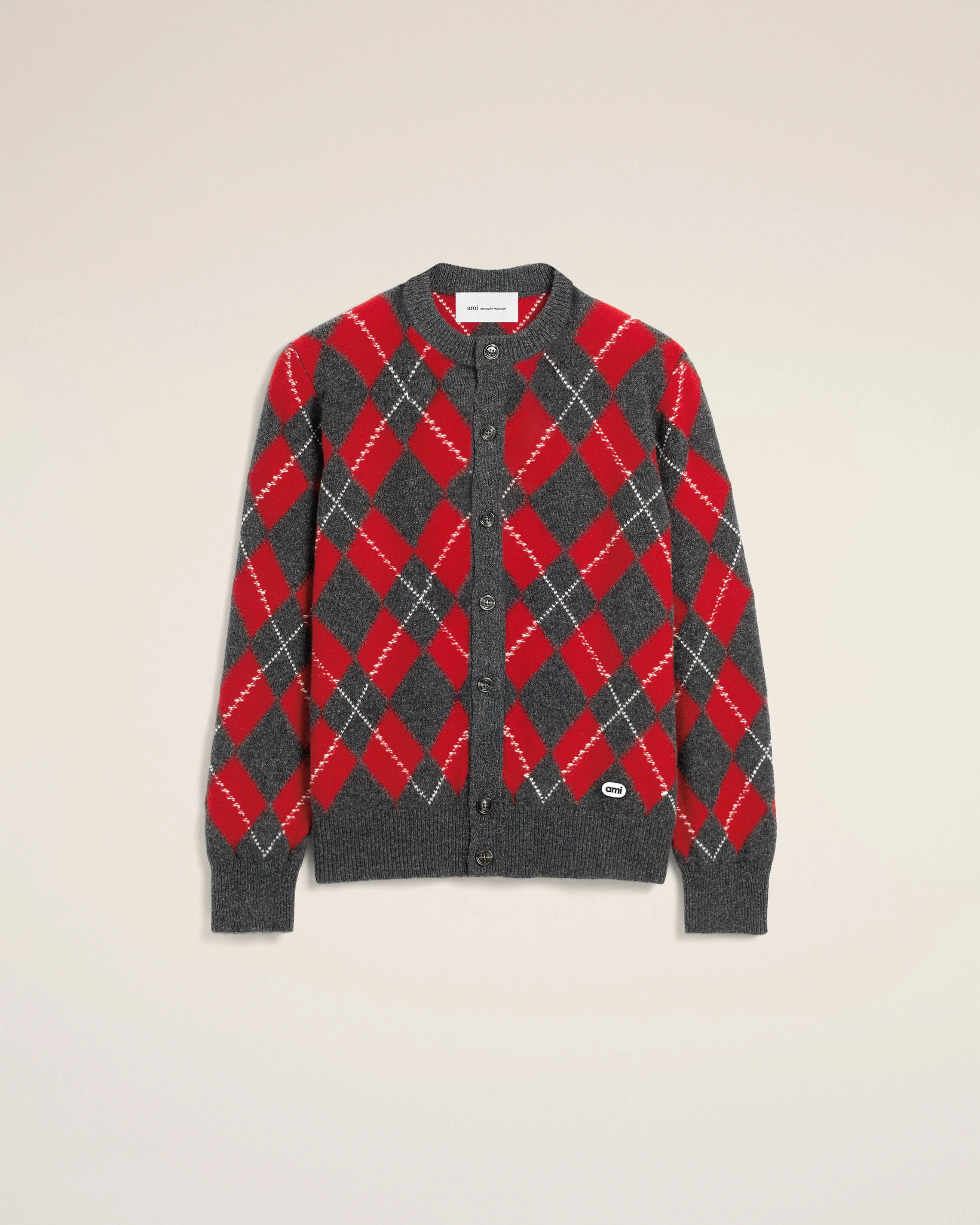 GREY WOOL CARDIGAN IN RED ARGYLE - 1
