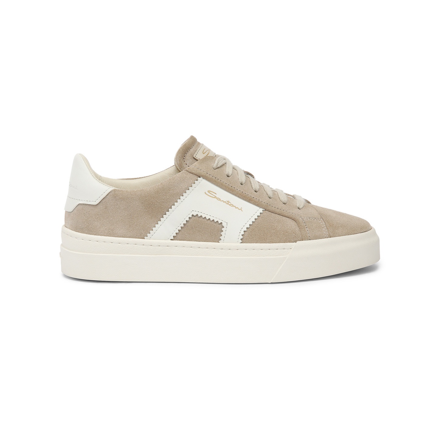 Women’s beige and white suede and leather double buckle sneaker - 1