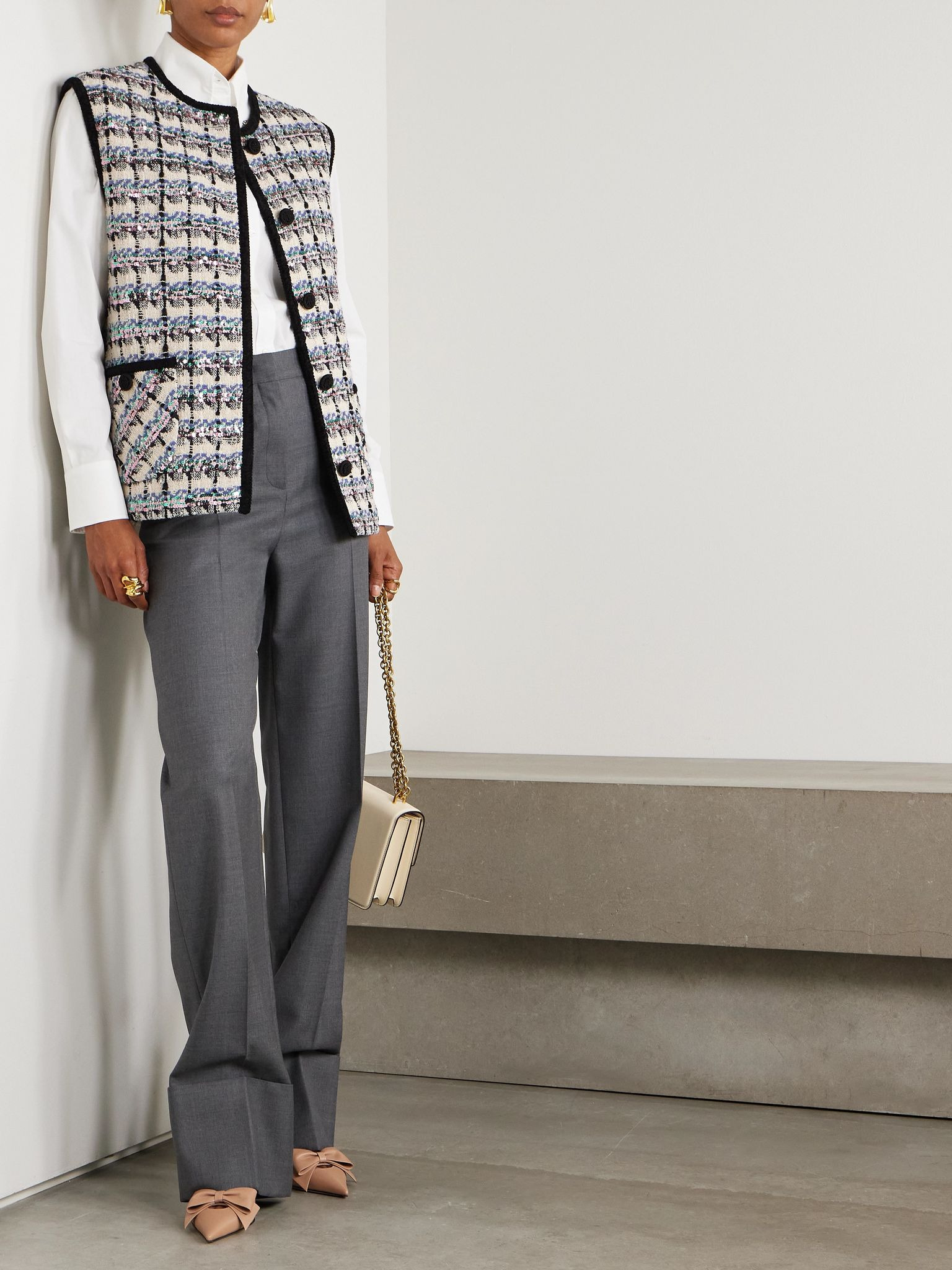 Sequined checked tweed gilet Cream - 2