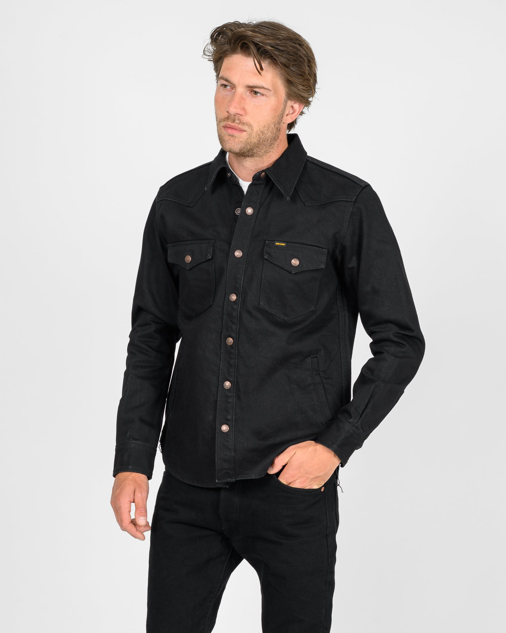 IHSH-362-BLK 16oz Non-Selvedge Denim CPO Shirt - Superblack (Fades To Grey) - 2