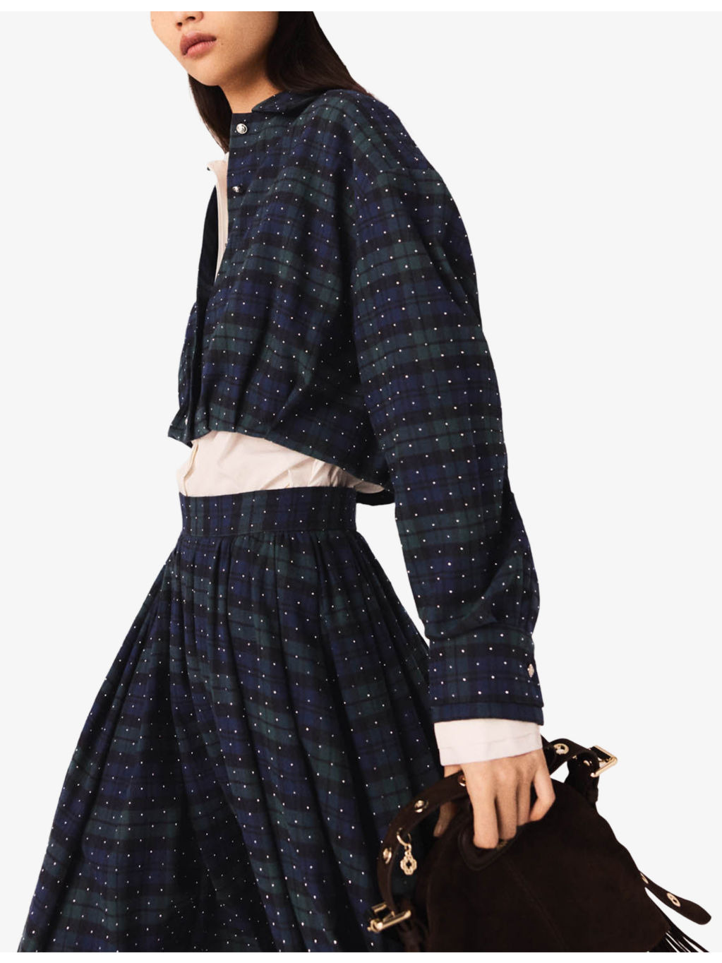 Rhinestone-Embellished Checked Cropped Cotton Shirt - 3