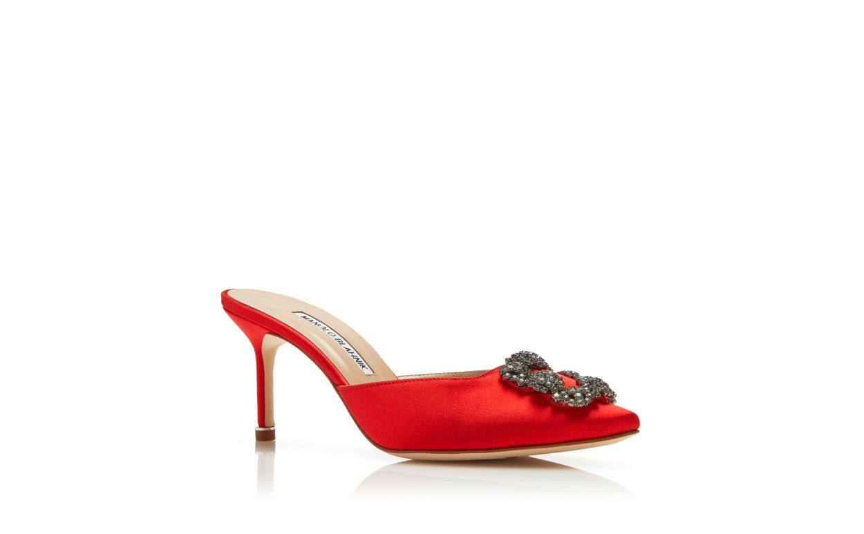 Red Satin Jewel Buckle Mules - 3