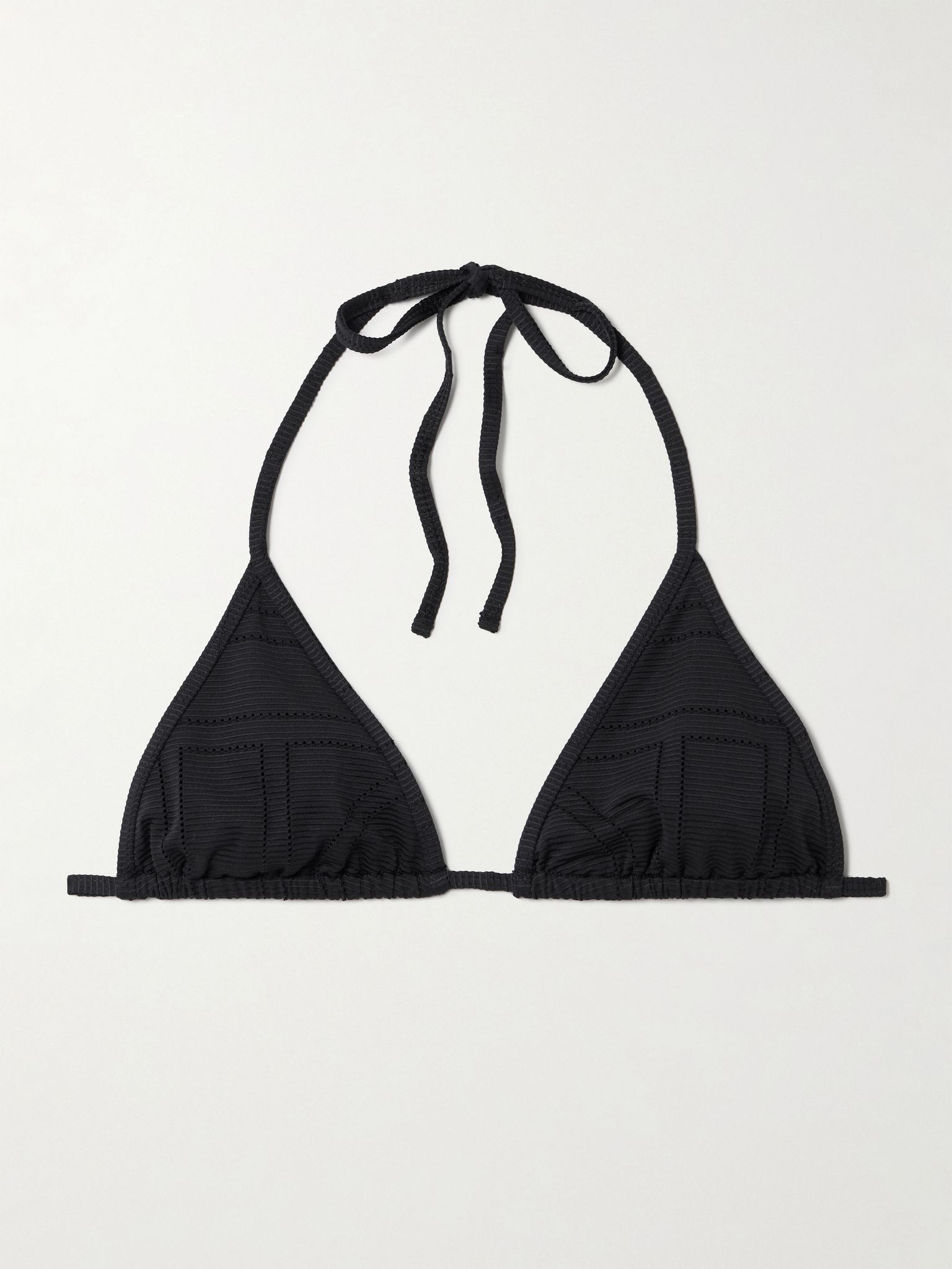 Pointelle-knit triangle stretch recycled halterneck bikini top Black - 1